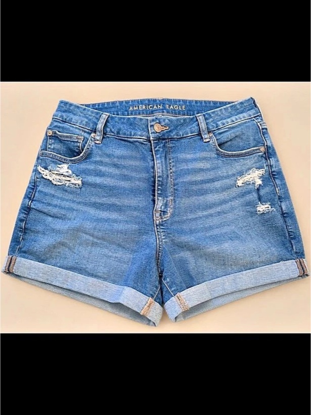 American Eagle Distressed Curvy Midi Denim Jean Shorts in Blue